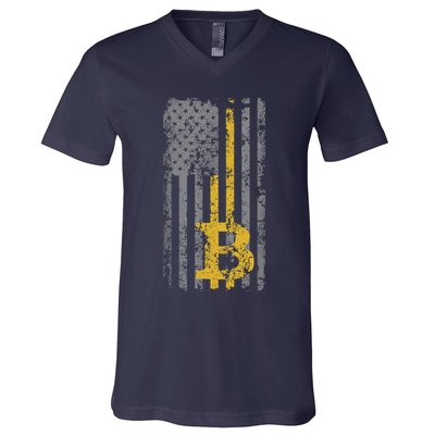 Bitcoin USA Flag Distressed Digital Currency Lover V-Neck T-Shirt