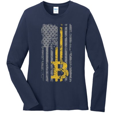 Bitcoin USA Flag Distressed Digital Currency Lover Ladies Long Sleeve Shirt