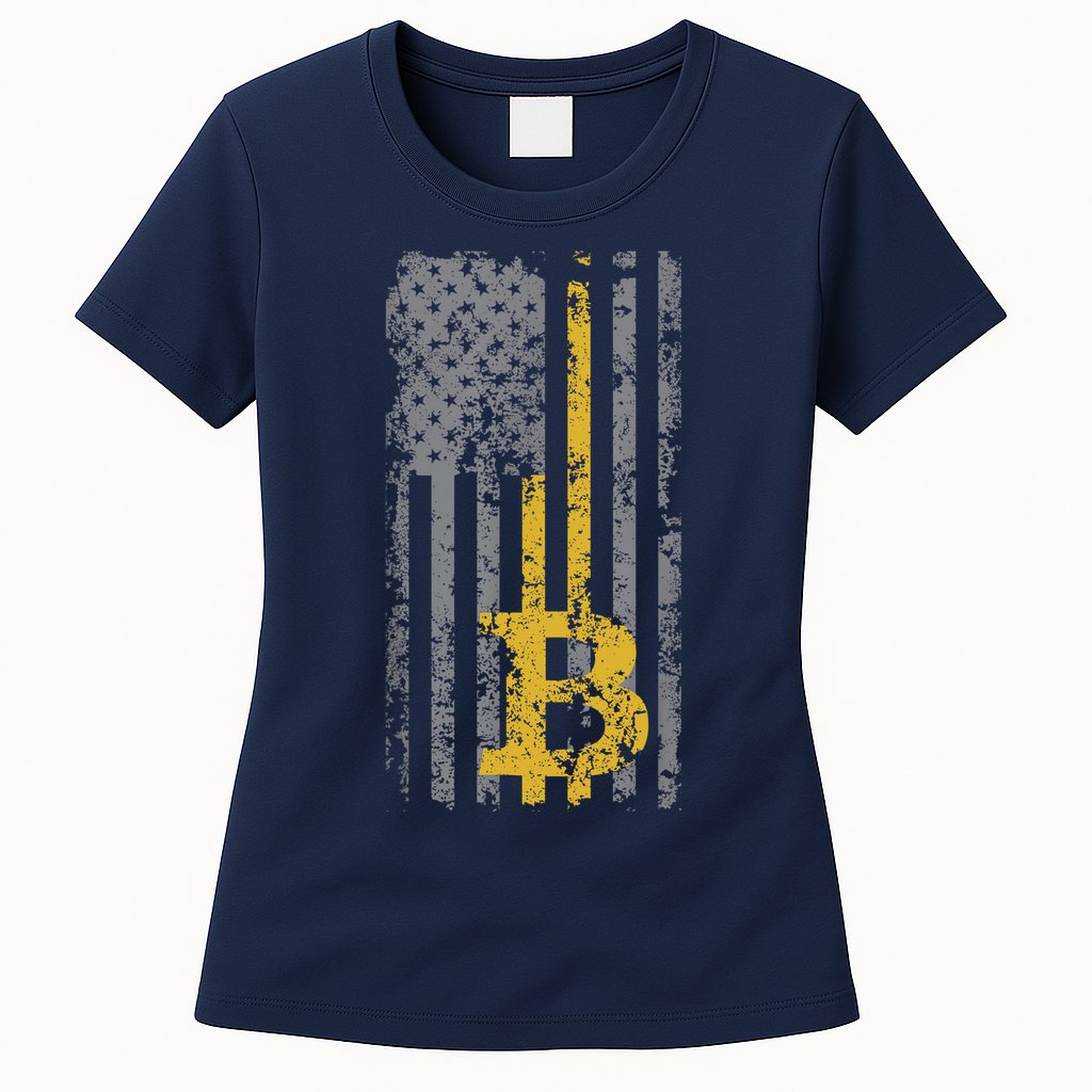 Bitcoin USA Flag Distressed Digital Currency Lover Womens T-Shirt
