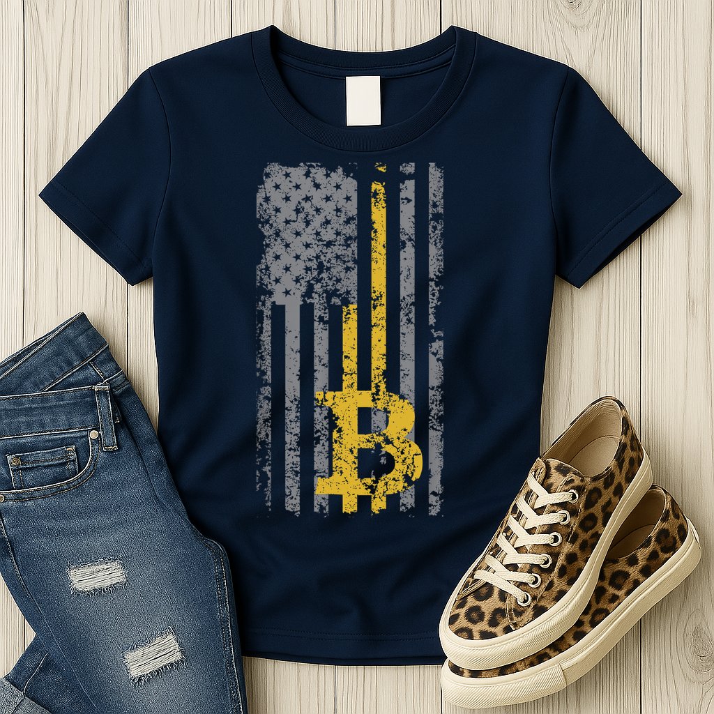 Bitcoin USA Flag Distressed Digital Currency Lover Womens T-Shirt