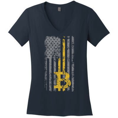 Bitcoin USA Flag Distressed Digital Currency Lover Women's V-Neck T-Shirt