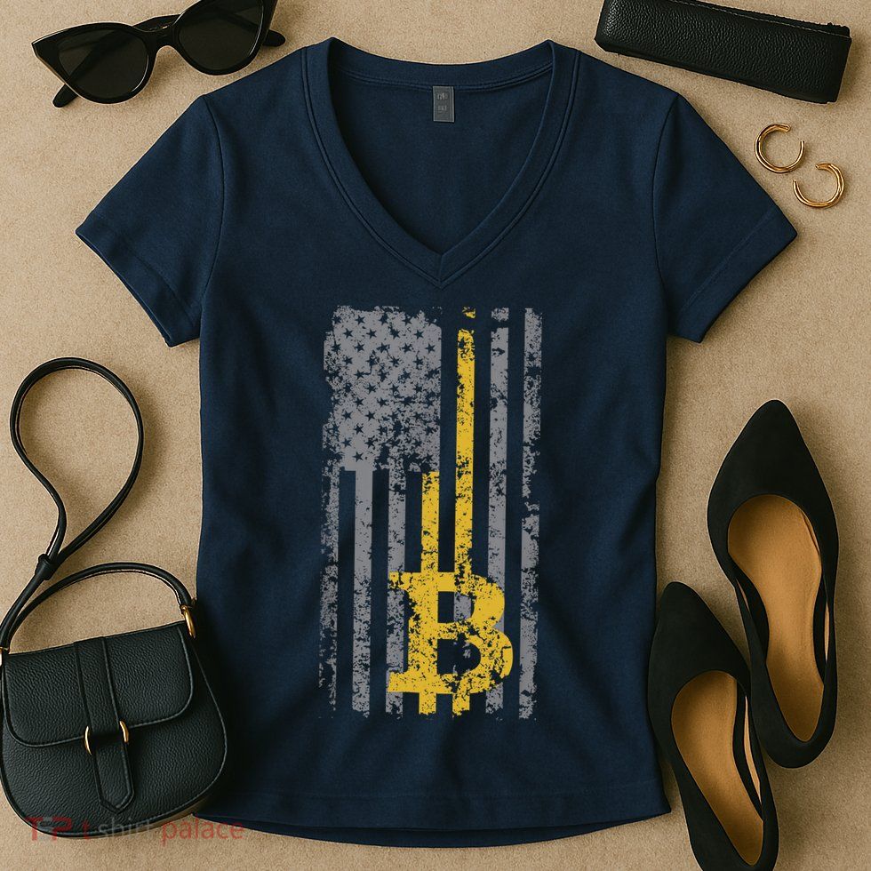 Bitcoin USA Flag Distressed Digital Currency Lover Women's V-Neck T-Shirt