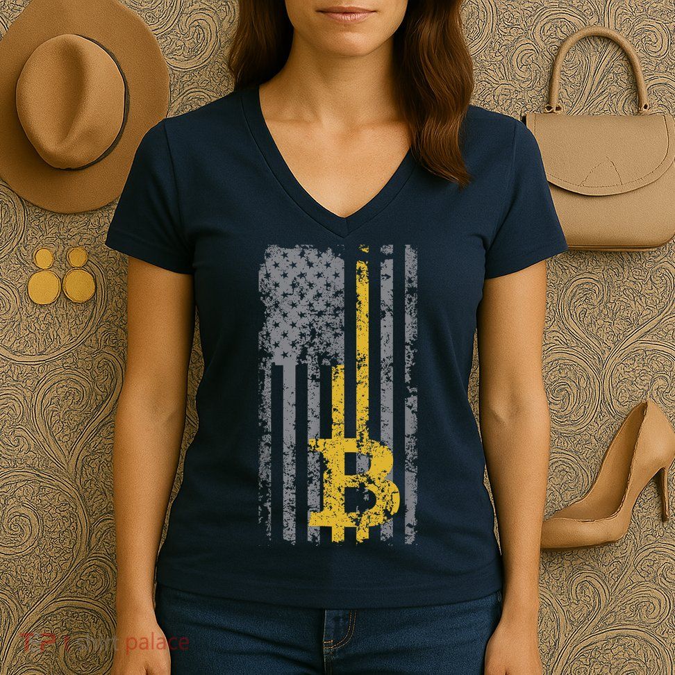 Bitcoin USA Flag Distressed Digital Currency Lover Women's V-Neck T-Shirt