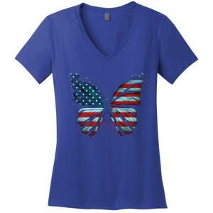 Butterfly Usa Flag 4th Of July Gift Women's V-Neck T-Shirt