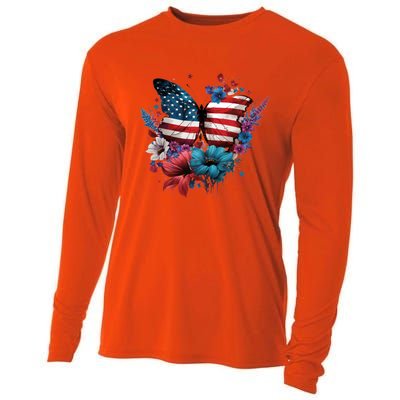 Butterfly Usa Flag Cute 4th July Butterfly Tee American Flag Cute Gift Cooling Performance Long Sleeve Crew