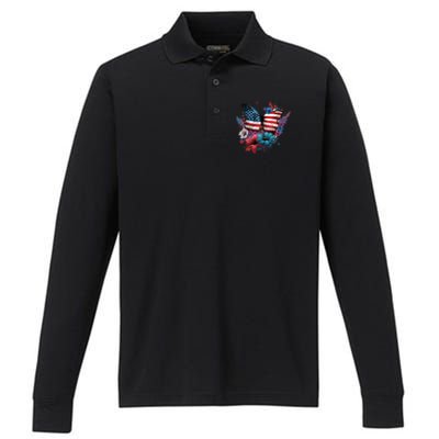 Butterfly Usa Flag Cute 4th July Butterfly Tee American Flag Cute Gift Performance Long Sleeve Polo