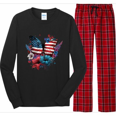 Butterfly Usa Flag Cute 4th July Butterfly Tee American Flag Cute Gift Long Sleeve Pajama Set