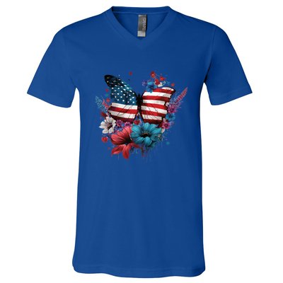 Butterfly Usa Flag Cute 4th July Butterfly Tee American Flag Cute Gift V-Neck T-Shirt