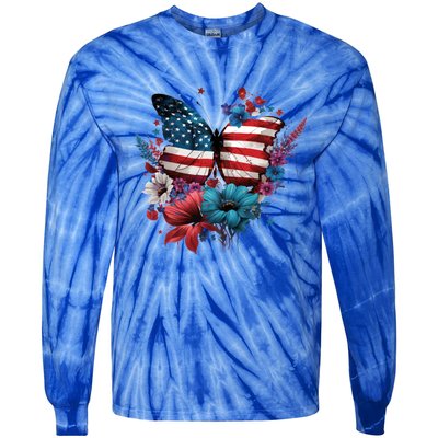 Butterfly Usa Flag Cute 4th July Butterfly Tee American Flag Cute Gift Tie-Dye Long Sleeve Shirt