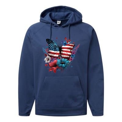 Butterfly Usa Flag Cute 4th July Butterfly Tee American Flag Cute Gift Performance Fleece Hoodie