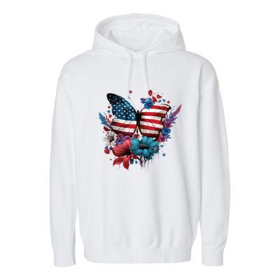 Butterfly Usa Flag Cute 4th July Butterfly Tee American Flag Cute Gift Garment-Dyed Fleece Hoodie