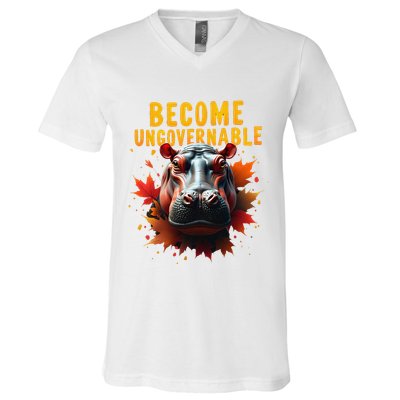Become Ungovernable Funny Baby Hippo Moo Deng Funny Groovy V-Neck T-Shirt