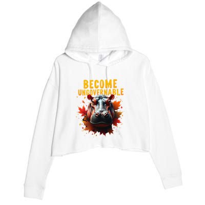 Become Ungovernable Funny Baby Hippo Moo Deng Funny Groovy Crop Fleece Hoodie