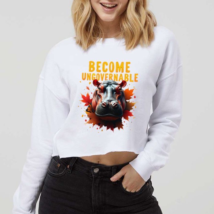 Become Ungovernable Funny Baby Hippo Moo Deng Funny Groovy Cropped Pullover Crew