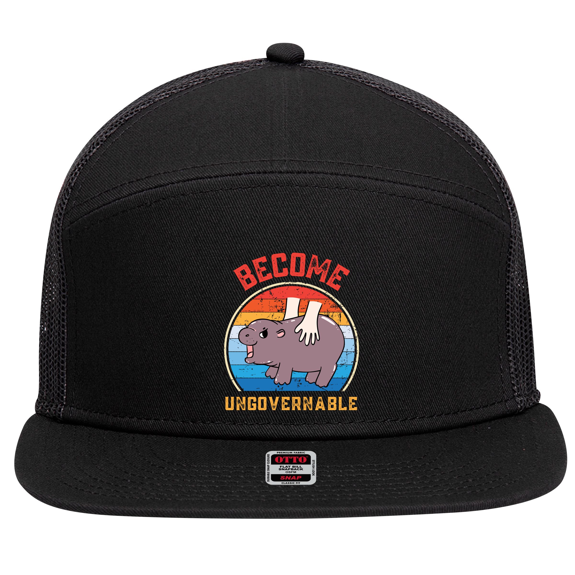 Become Ungovernable Funny Moo Deng Baby Hippo 7 Panel Mesh Trucker Snapback Hat