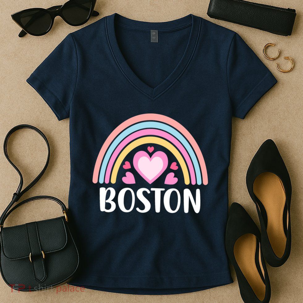 Boston USA for Wo Rainbow Hearts Women's V-Neck T-Shirt