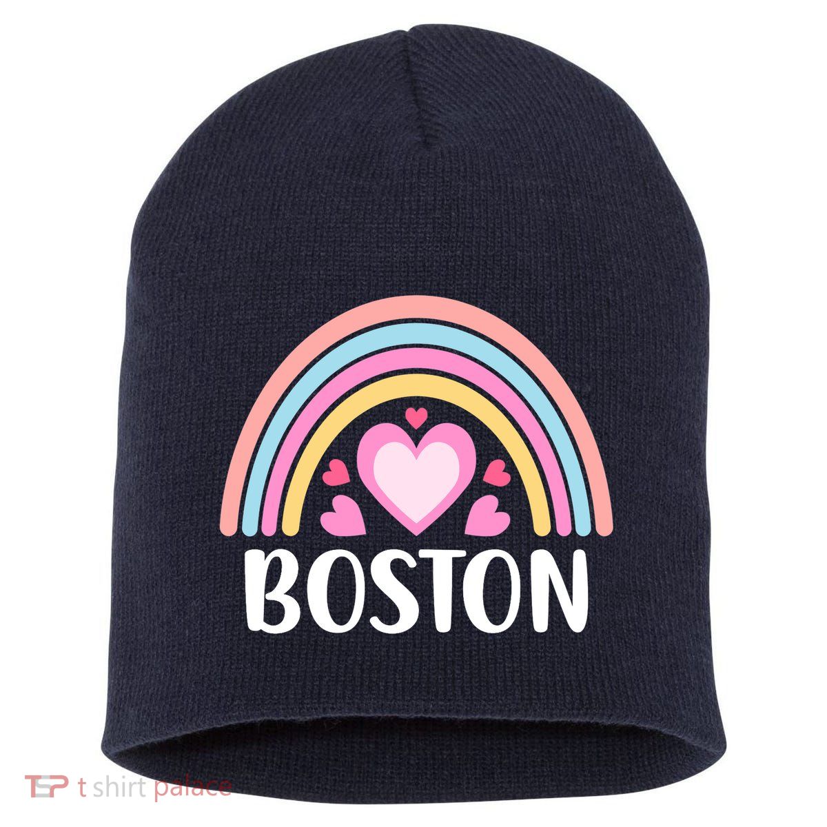 Boston USA for Wo Rainbow Hearts Short Acrylic Beanie