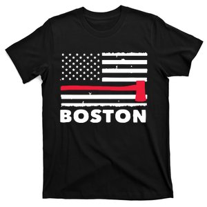 Boston US Flag Pocket Firefighter Thin Red Line Fireman Gift T-Shirt