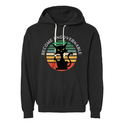 Become Ungovernable Funny Anarchy Cat Vintage Sunset Garment-Dyed Fleece Hoodie
