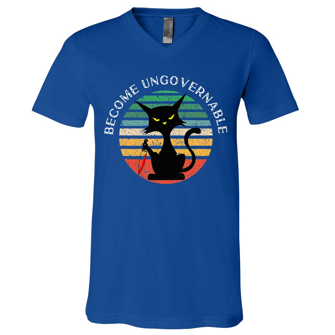 Become Ungovernable Funny Anarchy Cat Vintage Sunset V-Neck T-Shirt