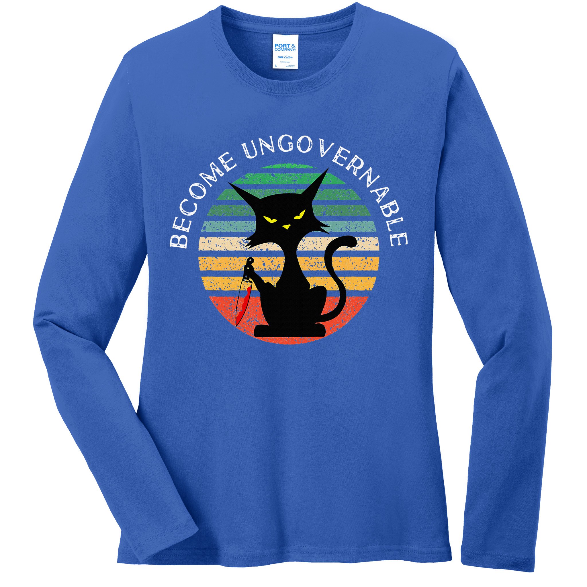 Become Ungovernable Funny Anarchy Cat Vintage Sunset Ladies Long Sleeve Shirt