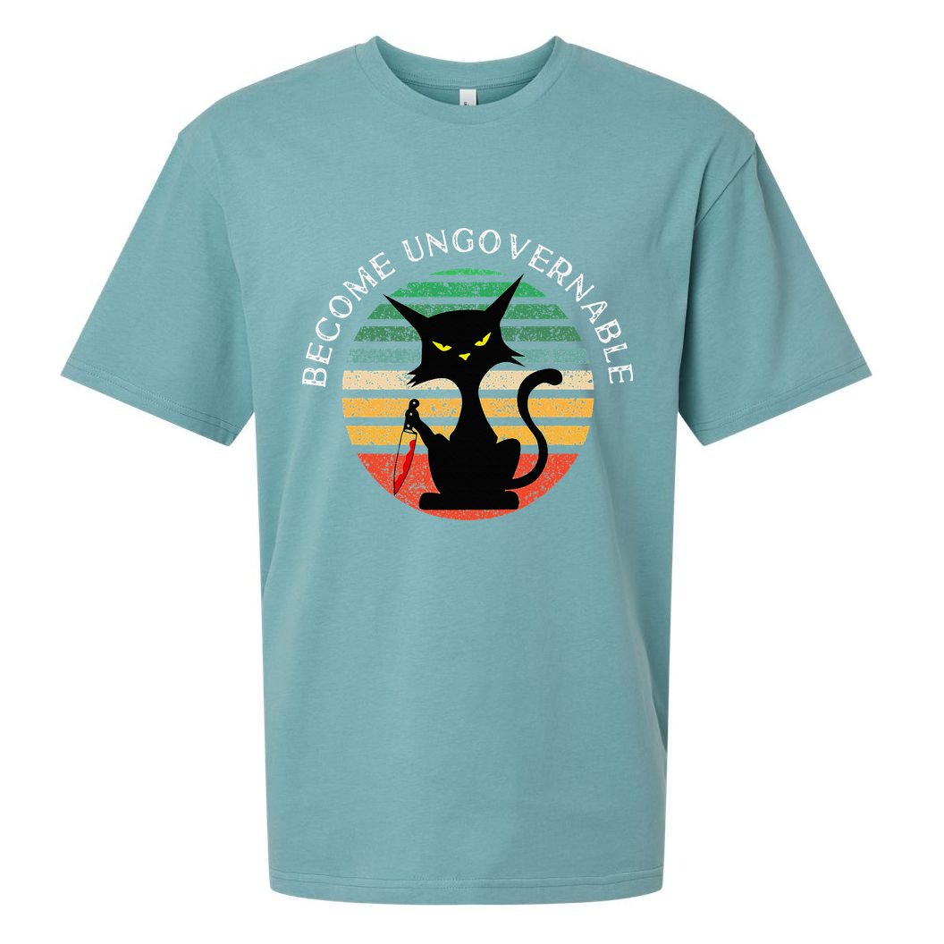 Become Ungovernable Funny Anarchy Cat Vintage Sunset Sueded Cloud Jersey T-Shirt