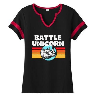 Battle Unicorn! Funny Retro 80s Rainbow Rhino Rhinoceros Ladies Halftime Notch Neck Tee