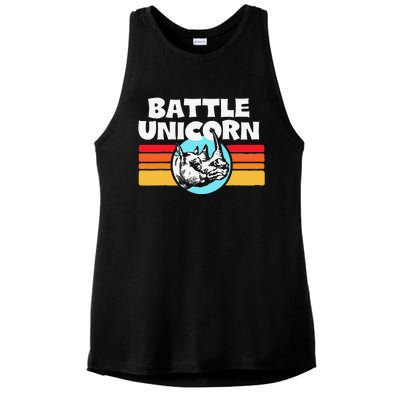 Battle Unicorn! Funny Retro 80s Rainbow Rhino Rhinoceros Ladies PosiCharge Tri-Blend Wicking Tank