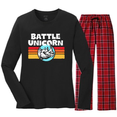 Battle Unicorn! Funny Retro 80s Rainbow Rhino Rhinoceros Women's Long Sleeve Flannel Pajama Set 