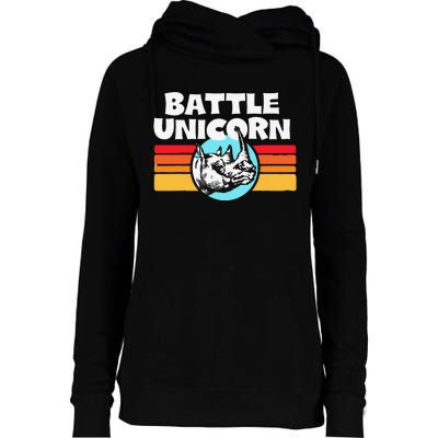 Battle Unicorn! Funny Retro 80s Rainbow Rhino Rhinoceros Womens Funnel Neck Pullover Hood