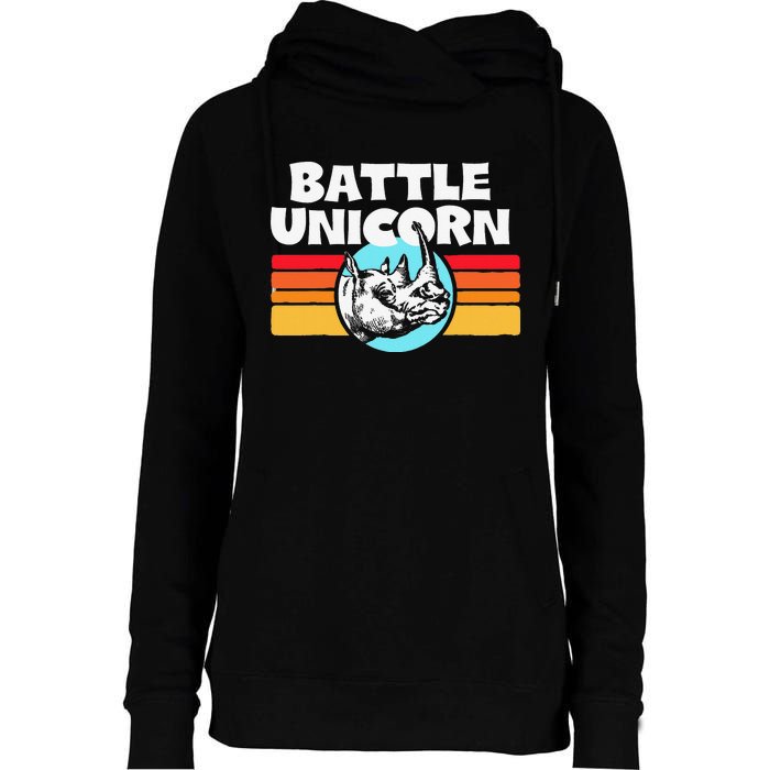 Battle Unicorn! Funny Retro 80s Rainbow Rhino Rhinoceros Womens Funnel Neck Pullover Hood