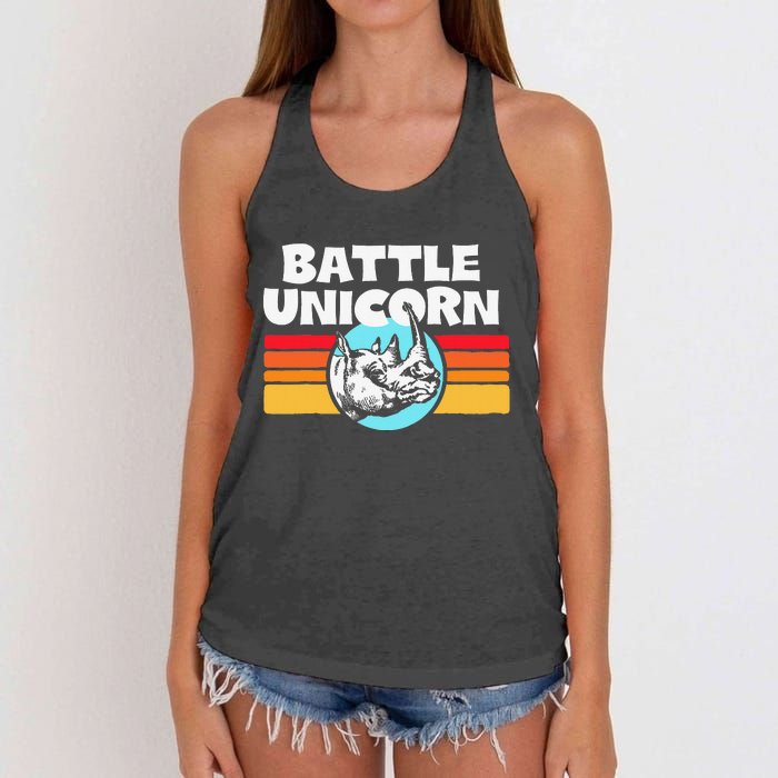 Battle Unicorn! Funny Retro 80s Rainbow Rhino Rhinoceros Women's Knotted Racerback Tank