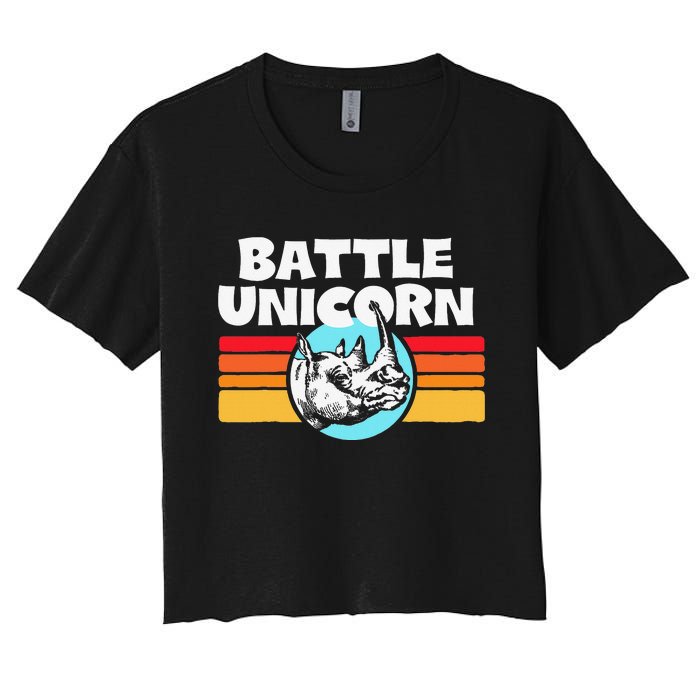 Battle Unicorn! Funny Retro 80s Rainbow Rhino Rhinoceros Women's Crop Top Tee