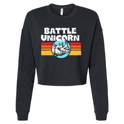 Battle Unicorn! Funny Retro 80s Rainbow Rhino Rhinoceros Cropped Pullover Crew