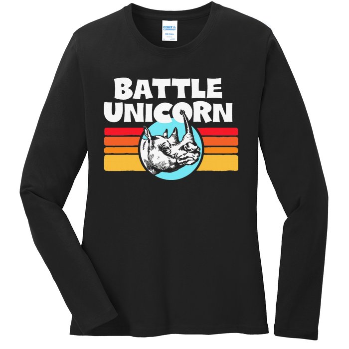 Battle Unicorn! Funny Retro 80s Rainbow Rhino Rhinoceros Ladies Long Sleeve Shirt