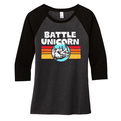 Battle Unicorn! Funny Retro 80s Rainbow Rhino Rhinoceros Women's Tri-Blend 3/4-Sleeve Raglan Shirt