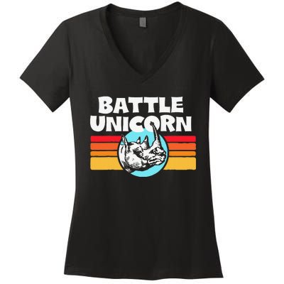 Battle Unicorn! Funny Retro 80s Rainbow Rhino Rhinoceros Women's V-Neck T-Shirt