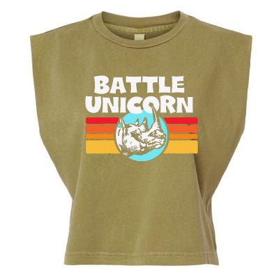 Battle Unicorn! Funny Retro 80s Rainbow Rhino Rhinoceros Garment-Dyed Women's Muscle Tee