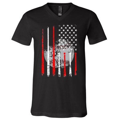 Baseball USA Flag American Flag Vintage V-Neck T-Shirt