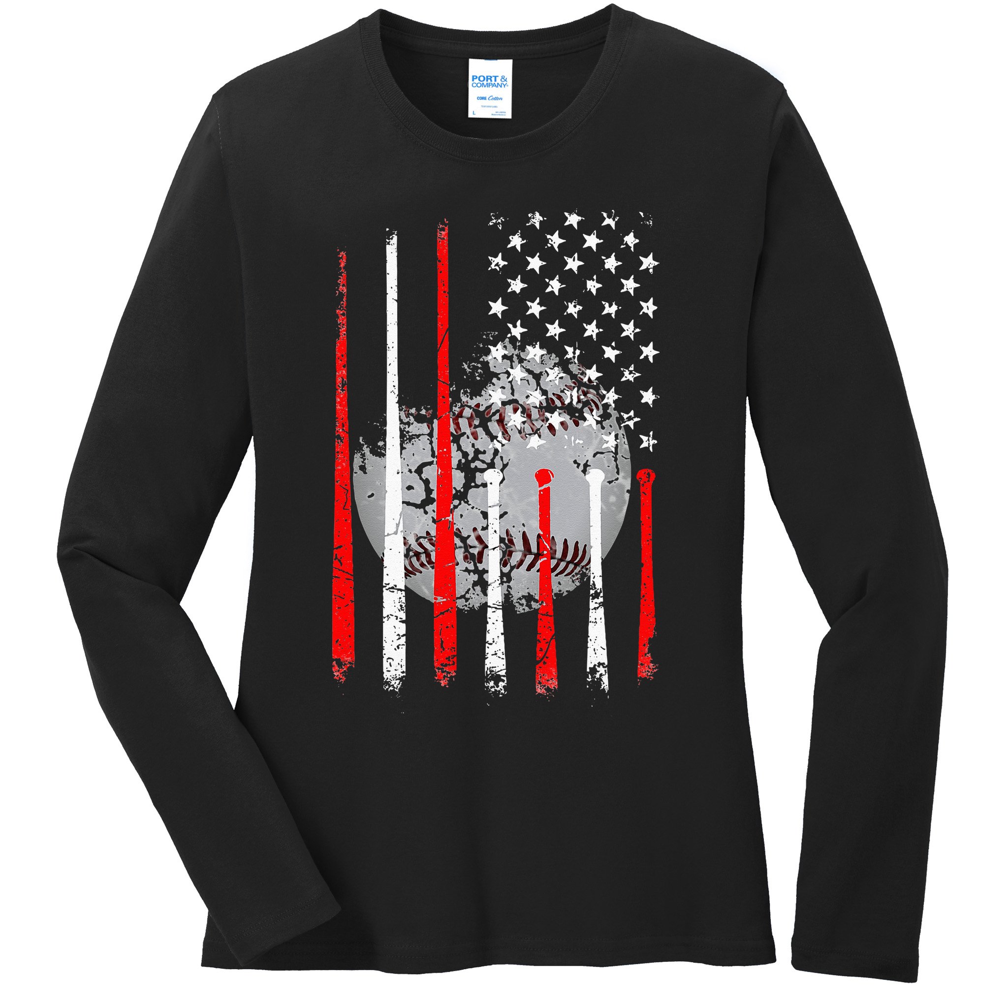 Baseball USA Flag American Flag Vintage Ladies Long Sleeve Shirt