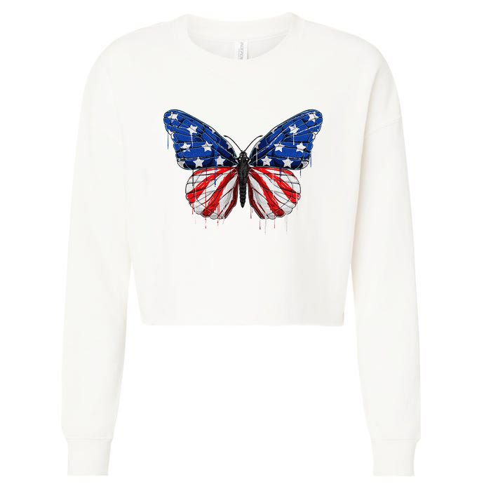 Butterfly USA Flag 4th of July For  US Cropped Pullover Crew