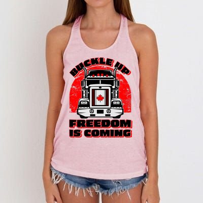 Buckle Up Freedom Is Coming Candian Truckers Women's Knotted Racerback Tank