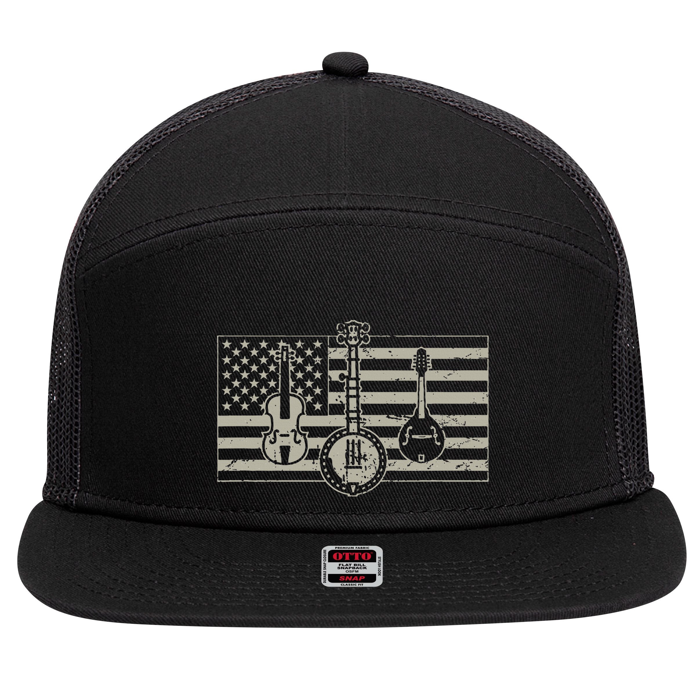 Bluegrass Usa Flag Guitar Banjo Mandolin 7 Panel Mesh Trucker Snapback Hat