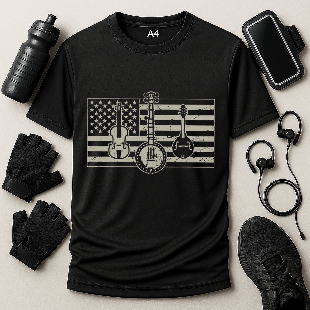 Bluegrass Usa Flag Guitar Banjo Mandolin Cooling Performance Crew T-Shirt