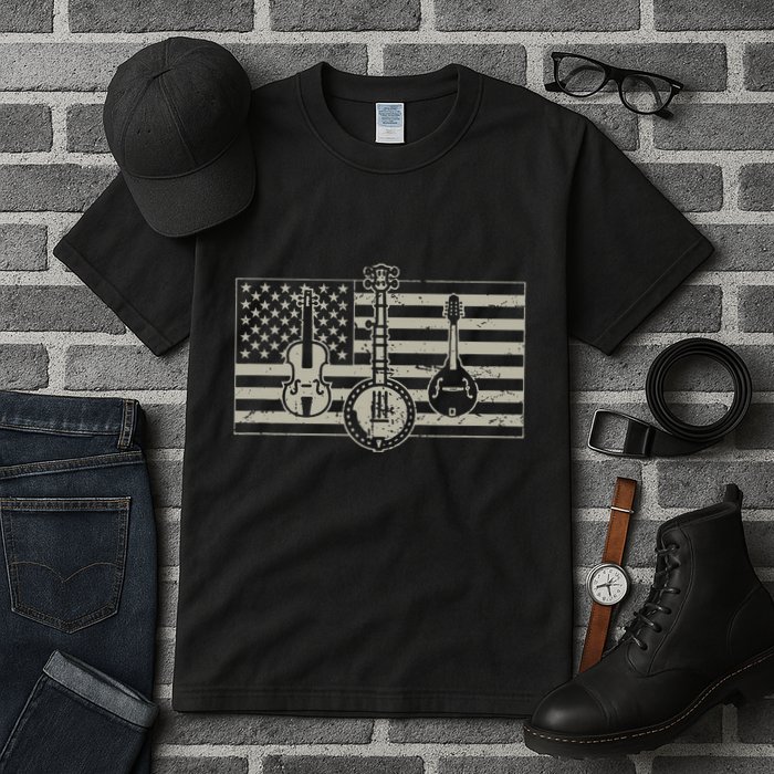 Bluegrass Usa Flag Guitar Banjo Mandolin Tall T-Shirt