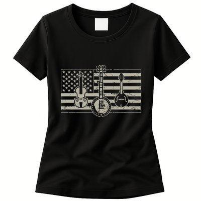 Bluegrass Usa Flag Guitar Banjo Mandolin Womens T-Shirt