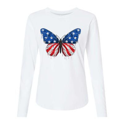 Butterfly USA Flag 4th of July For Wo Girl US Womens Cotton Relaxed Long Sleeve T-Shirt