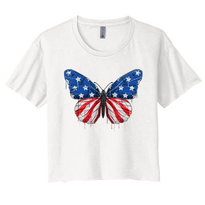 Butterfly USA Flag 4th of July For Wo Girl US Women's Crop Top Tee