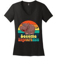 Become Ungovernable Funny Baby Hippo Moo Deng Funny Saying Women's V-Neck T-Shirt