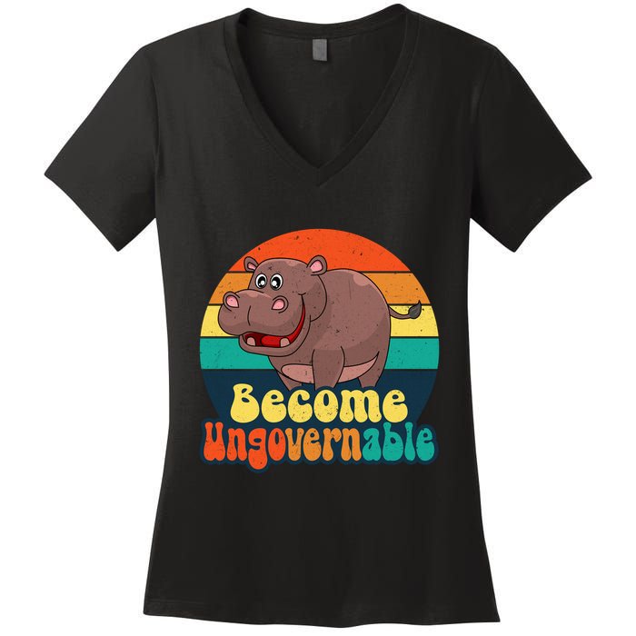 Become Ungovernable Funny Baby Hippo Moo Deng Funny Saying Women's V-Neck T-Shirt